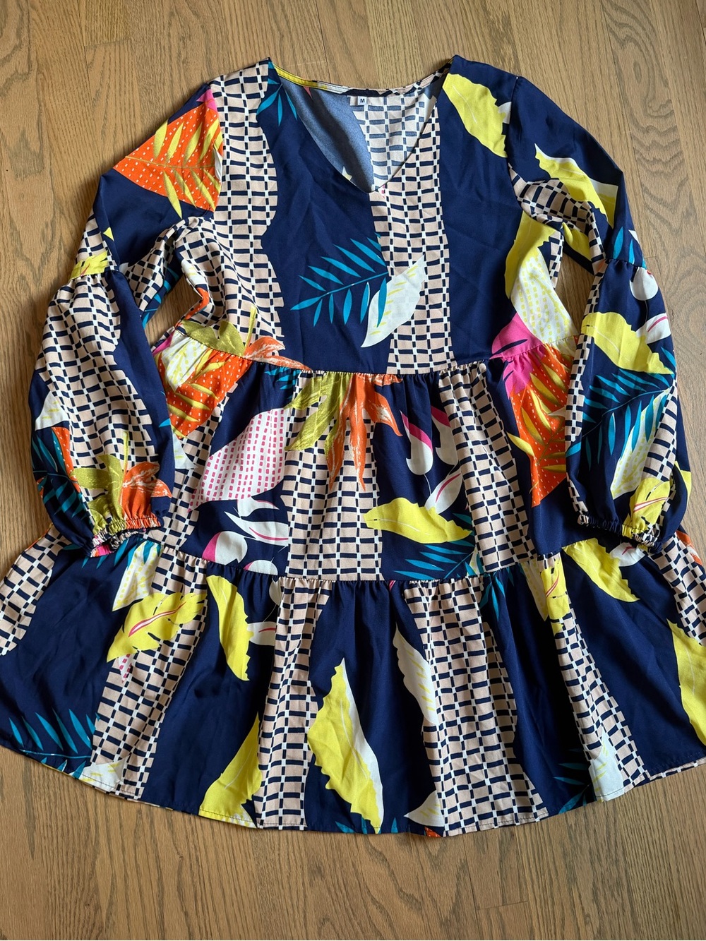 Navy Floral Patchwork Long Sleeve Dress